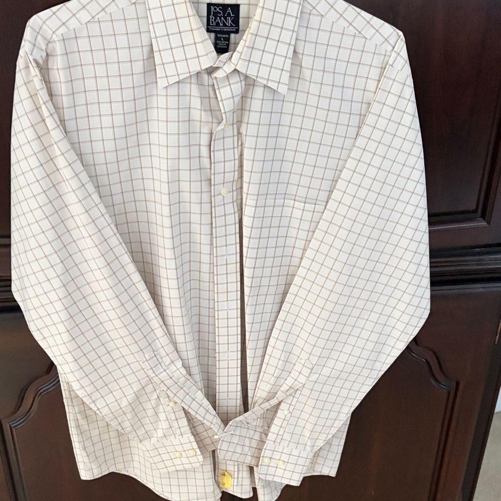 Jos. A. Bank Men's Cream Dress Shirt with Brown Windowpane Grid
